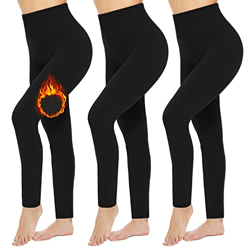 FULLSOFT 3 Pack Fleece Lined Leggings Women Waisted Workout Winter Warm Thermal Yoga Pants(3 Pack Black,Black,Black,Small-Medium)