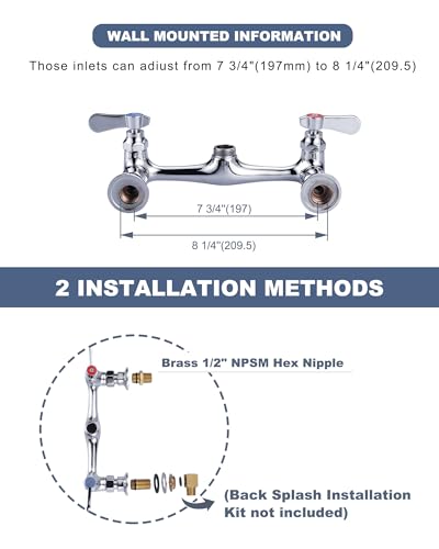 iVIGA Commercial Sink Faucet with 6” Gooseneck Swivel Spout, 8" Center Wall Mount Kitchen Faucet, Dual Handles Brass Utility Sink Faucet for Laundry Room Restaurant Compartment Sink, Polish Chrome