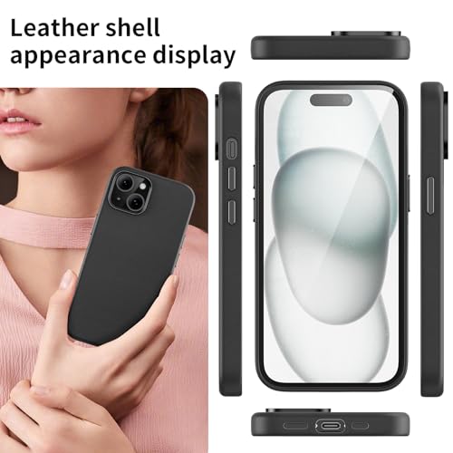 Rumwot for iPhone 15 Leather Case | Genuine Full Grain Leather| Compatible with MagSafe and Wireless Charging | Metal Buttons Camera Bezel | Slim Fit-Drop and Scratch Resistant(Black)