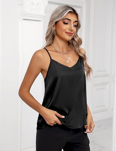 Zeagoo Silk Tank Tops for Women 2024 V Neck Adjustable Spaghetti Strap Satin Camisole Sleeveless Basic Blouse White