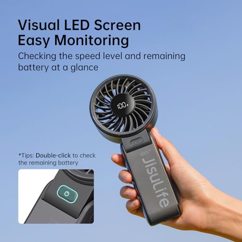 JISULIFE Handheld Fan Life7,2024 Powerful Portable Fan with LED Display,3600mAh,150°Folded,5 Speeds,Lanyard[13Hrs Max Cooling] 3-IN-1 Hand/Desk/Neck Fan,Travel Essentials Gifts for Women,Men(Black)