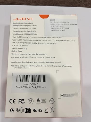 JUOVI J2621 Power Bank Portable Charger,20000mAh 45W PD3.0 QC 4.0 Fast Charging Battery Pack with LED Display,2 USB-C,2 USB-A for iPhone 15 16, MacBook