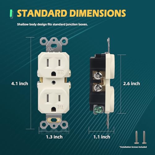 TOPELER 10 Pack Duplex Receptacle Outlets, Residential Grade Tamper-Resistant Electrical Wall Outlet, 15A 125V, 2 Pole 3 Wire, NEMA 5-15R, Self-Grounding, UL Listed, Light Almond