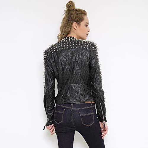 SX Women Punk Faux Leather PU Black Jacket Studded Rivet Fashion Streetwear Motorcycle Coat (6XL, White)