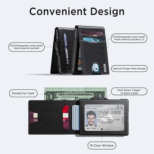 umoven Wallet for Men - Pop Up Case, Cash Slot, and Credit Card Slot - Slim Aluminum Wallet with RFID Blocking, Minimalist Leather Wallet Front Pocket with ID Window (Black)