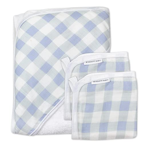 HonestBaby 3-Piece Organic Cotton Hooded Towel & Washcloth Set, Blue Painted Buffalo Check, One Size