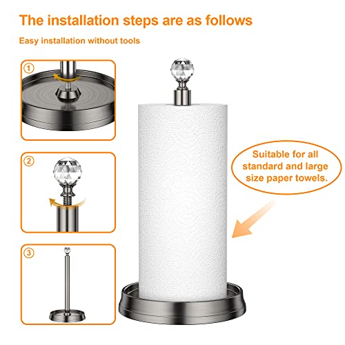 KASUNTO Paper Towel Holder with Crystal Ball - Steel Countertop Stand, Fits Standard & Jumbo Rolls, Brushed Nickel