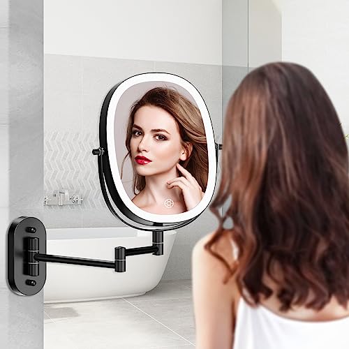 Rechargeable Wall Mounted Lighted Makeup Mirror, 8 Inch Double Sided LED Vanity Mirror 1X/7X Magnification,3 Color Lights Touch Dimmable Oval Frame 360°Swivel Magnifying Bathroom Mirror Antique Bronze