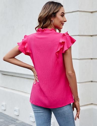 Blooming Jelly Womens Dressy Casual Tops Ruffle Short Sleeve V Neck Shirts Elegant Business Work Blouse(Small,Red Floral Printed)