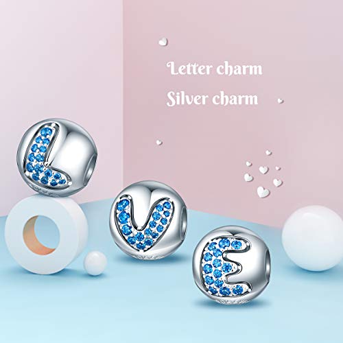 FOREVER QUEEN Alphabet Charm Initial Charm Letter N Charm Bead in 925 Sterling Silver with 5A Blue CZ fit Charms Bracelet Necklace for Birthday Fashion Women Boy Men Gifts