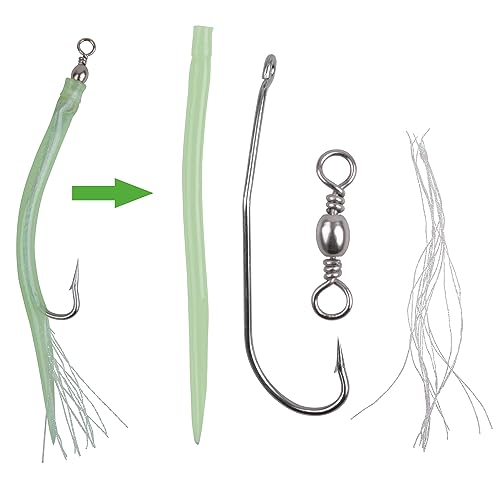 8 Packs Rubber Bass Tube Lures Cod Rig Teaser with Stainless Steel Hook Barrel Swivels Class Striped Bass Tube Lure Trolling Bass Cod Fishing EEL Hook Green 7/0