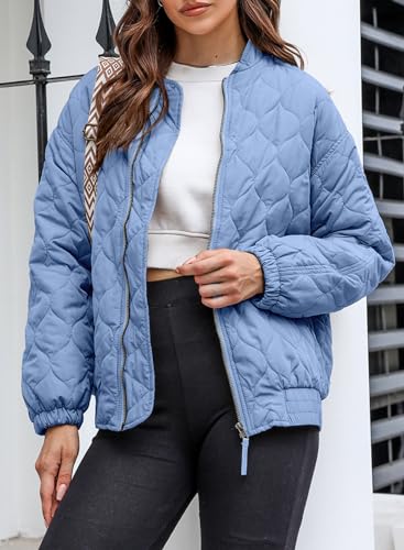 EVALESS Jackets for Women Fashion 2023 Winter Coat for Women Business Casual Diamond Quilted Shacket Jackets Lightweight Collar Long Sleeve Zip Up Puffer Grey Jacket with Pockets, Small