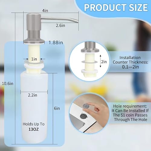 Dish Soap Dispenser for Kitchen Sink Brushed Nickel Under Sink Soap Dispenser Pump Head with 10.14 Ounce PET Soap Bottle and 1.88" Base