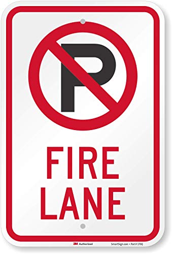 SmartSign 3M Diamond Grade Reflective Aluminum Sign, Legend "Fire Lane" with Graphic, 18" high x 12" wide, Black/Red on White