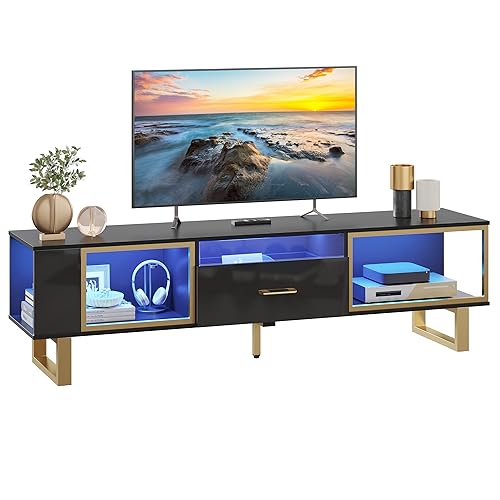 Bestier TV Stand for 65/70/75/80 Inch TV, LED Gaming Entertainment Center with Open Storage and Half-Glass Design Drawer, Modern High Gloss TV Console Table for Living Room, Black and Gold