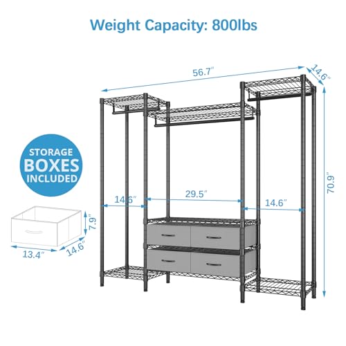 VIPEK V20i Wire Garment Rack Heavy Duty Clothes Rack Metal Clothing Rack with Adjustable Shelves, 3 Hanging Rods, 4 Storage Drawers, Freestanding Closet Storage Organizer, Black
