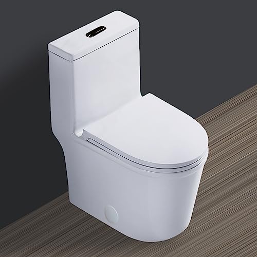WinZo Small One Piece Toilet 23" Depth Modern Compact Short Design with Matte Black Button for Small Tiny Mini Bathroom 12" Rough-in,White (WZ5079WB)