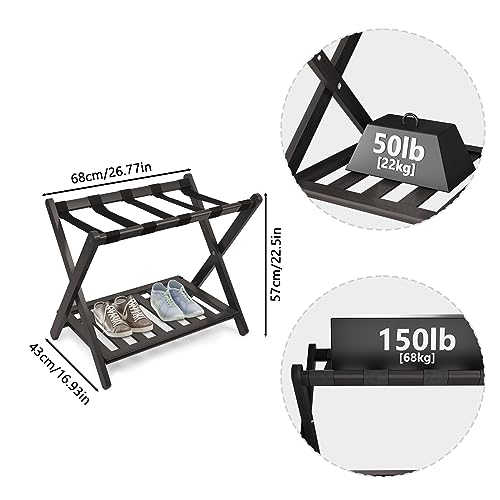 Smuxee Fully Assembled Luggage Rack for Guest Room, Upgraded Bamboo Foldable Suitcase Stand with 5 Nylon Straps, Dark Brown Luggage Holder with Shelf for Bedroom Hotel (Black Luggage Rack 1pcs)