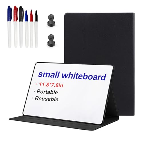 Sruchy Portable Small White Board, 11.8" x 7.8" Magnetic Dry Erase Board with Stand, Desktop Whiteboard Notebook with Pu Leather Cover,Reusable Double-Sided Wipe Board for School Office