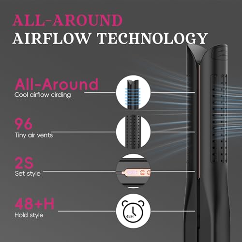 SKIMI Airflow Styler, Titanium Flat Iron Hair Straightener, Professional Airflow Styler Curling Iron with Cooling Air Vents to Lock in Style, 5 Temps & Dual Voltage, Auto Off(Black & Champagne Gold).
