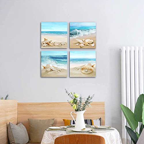 Beach Waves Wall Art Ocean Decor Sands Seashell Starfish Nature Pictures Blue Canvas Artwork Turquoise Wall Art for Bathroom Bedroom Living Room Office Kitchen Wall Decor 12" x 12" x 4 Pieces