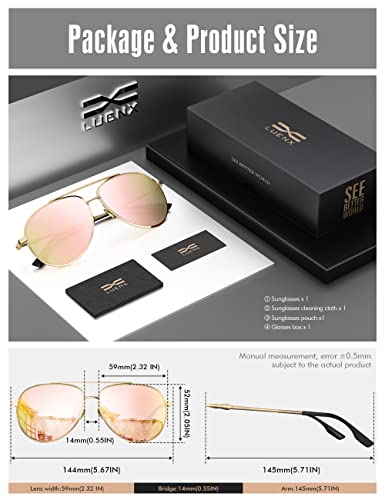 LUENX Aviator Sunglasses for Women Men Polarized - UV 400 Protection Purple Mirrored Lens Metal Frame with Accessories