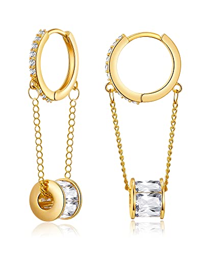 Ritach 925 Sterling Silver Small Huggie Hoop Earrings for Women Trendy 14K Gold Plated Chain Hoop Flower Dangle Drop Earrings