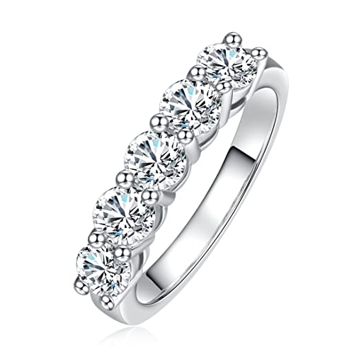 AnuClub 5 Stone Moissanite Wedding Band 1.5cttw D Color Lab Diamond 14k Yellow Gold Plated Silver Eternity Rings, Christmas Gift For Women With Certificate 10