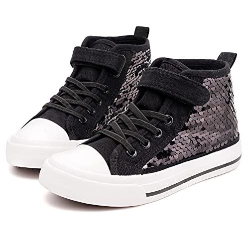 Toandon Girls Kids Canvas Shoes Sneakers for Boys Color Change Flipping Sequins Glitter Sparkle Slip On High Top Adjustable Hook Loop Straps Velcro Non-Slip Lightweight Grey Size 9