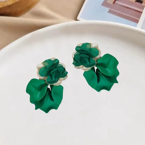 GUOXIAOMEI Chiffon Acrylic Rose Petal Earrings Dangle Exaggerated Flower Earrings Drop Statement Floral Tassel Light Weight Earrings Valentine's Day Gift (Green)
