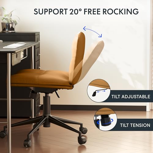 FLEXISPOT Cross Legged Office Chair for Vanity Desk Criss Cross Chair with Wheels Armless Office Chair Vanity Chair Comfy Wide Seat Cushion PU Leather(Brown)