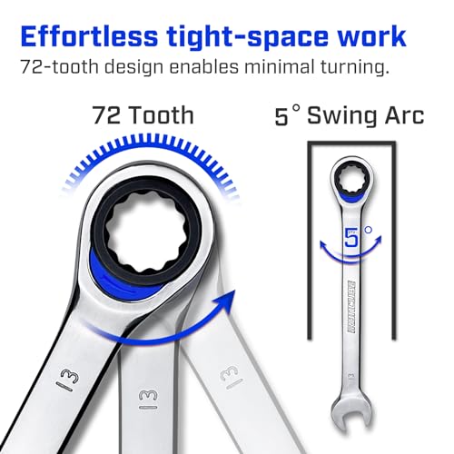 ironcube Ratcheting Combination Wrench Set: 5-Piece Metric 10mm to 15mm CR-V Steel 72 Tooth Gear with Quick Access Organizer For Vehicle or Motorcycle Backup Tools