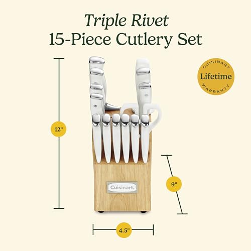 Cuisinart 15-Piece Knife Set with Block, High Carbon Stainless Steel, Forged Triple Rivet, White, C77WTR-15P