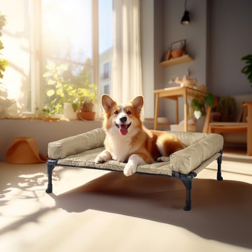 Veehoo Cooling Elevated Dog Bed + Waterproof Removable Pillow-Top Mat, Bolster Dog Cot Bed, Raised Dog Bed with Breathable Mesh, No-Slip Feet, Dog Sofa Bed for Indoor & Outdoor, Medium, Beige CWC2331B