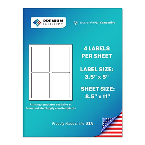 Premium Label Supply White Sticker Mailing/Shipping Labels – 3.5" x 5" – Laser/Inkjet Compatible – (4 per Sheet), 25 Sheets - 100 Total Adhesive Labels