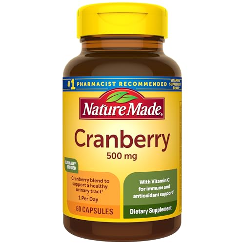 Nature Made Cranberry Supplement 500mg with Vitamin C for Immune & Antioxidant Support, Cranberry Blend for Urinary Tract Health, One Per Day, 60 Capsules