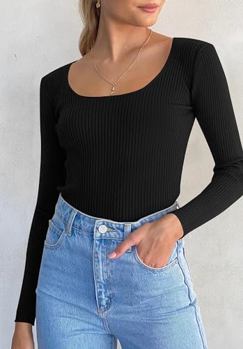 ZESICA Women's 2024 Long Sleeve Square Neck T Shirts Slim Fitted Elegant Fall Ribbed Knit Casual Tee Tops,Sky,X-Large