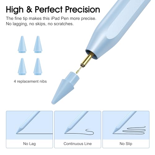 AOPCREZON Stylus Pen for iPad,Palm Rejection Tilt Sensitivity Fast Charging Pencil Work for 2018 Or Later iPad 10/9/8/7/6th Gen,Pro 12.9&11",Air 5th/4th/3rd Gen,4 Replacement Nibs (Blue)