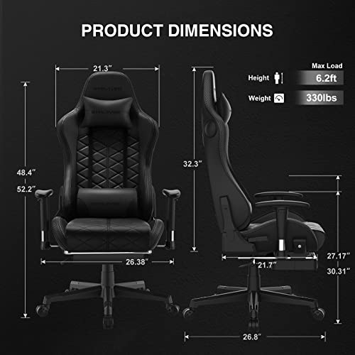GTPLAYER Gaming Chair, Computer Chair with Bluetooth Speakers, High Back Ergonomic Office Chair Desk Chair with Lumbar Support, Height Adjustable Game Chair with Footrest 330LBS, Black