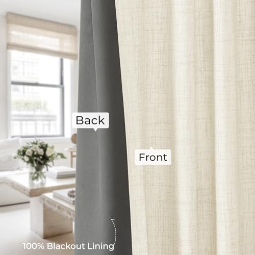 INOVADAY 100% Blackout Curtains for Bedroom 63 Inches Long 2 Panels Set, Back Tab/Rod Pocket Faux Linen Blackout Curtains, Thermal Insulated Darkening Drapes for Living Room, 52''W x 63''L, Grey