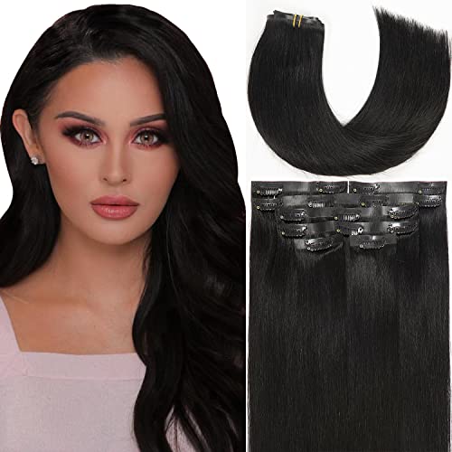 Lacer Real Hair Extensions Clip in Human Hair P#1B/30 Natural Black Mixed Auburn Brown 7Pcs Clip in Hair Extensions Real Human Hair 14 Inch 120g