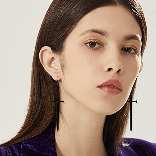 KVANU Unique Handmade Punk Gothic Long Dagger Sword Earrings Personalized Vintage Silver Knife Dangle Drop Earrings for Women Trendy Men Statement (Black)