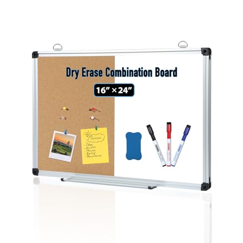 DumanAsen Combination Whiteboard & Cork Board Bulletin Board, 16 x 24 inches Magnetic Whiteboard and pin Boards for Wall, Includes Markers, Eraser, Pen Tray, 6 Pushpin (Combination A)