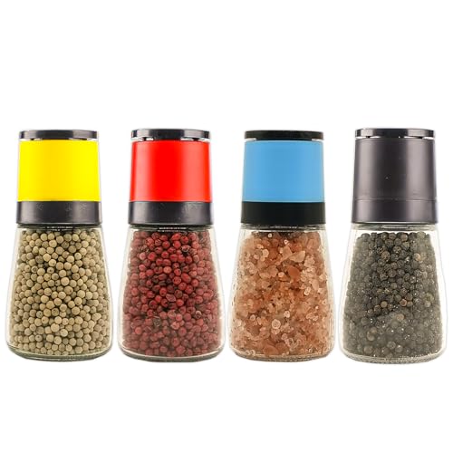 ANDONG Salt and Pepper Grinder Set of 4,Salt Grinder Refillable Manual,Pepper Mill Salt Mill with Adjustable Coarseness,Glass Salt and Pepper Shakers Set with Lids