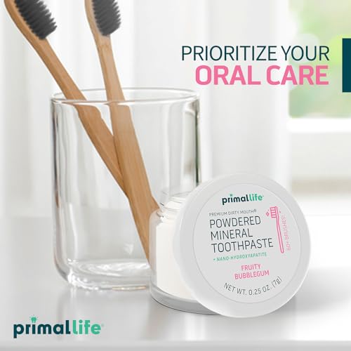 Primal Life Organics - Dirty Mouth Toothpowder, Tooth Cleaning Powder, Flavored Essential Oils with Natural Kaolin & Bentonite Clay, Good for 200+ Brushings, Organic, Vegan (Sweet Bubblegum, 0.25 oz)