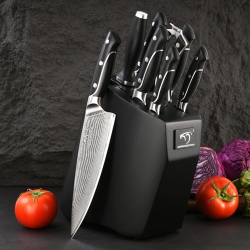 Damascus Kitchen Knife Sets, 9 Pieces Kitchen Knives Set with Block, ABS Ergonomic Handle for Chef Knife Set, Knife Sharpener and Kitchen Shears, Knife Block Set NF-D0603T-B