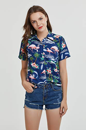 SSLR Hawaiian Shirts for Women Flamingo Shirt Tropical Shirts for Women Summer Casual Short Sleeve (Medium, Light Grey)