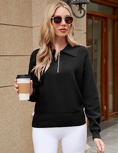 Micoson Apricot Sweaters for Women Fashion Long Sleeve Quarter Zip Pullover Waffle Knit Shirt Soft V Neck Knit Tops for Teen Girls Winter Clothing S