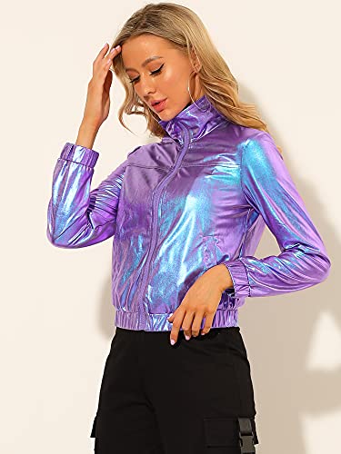 Allegra K Women's Holographic Shiny Party Christmas Long Sleeve Lightweight Zipper Metallic Jacket Small Yellow