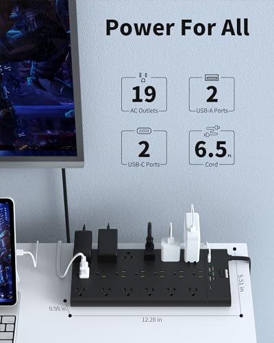 Power Strip Surge Protector Outlet Extender with 19 Outlets and 4 USB Ports (2 USB C), 6.5 Ft Extension Cord & Flat Plug, 2100 Joules, Wall Mount for Home, Office, Dorm, Black